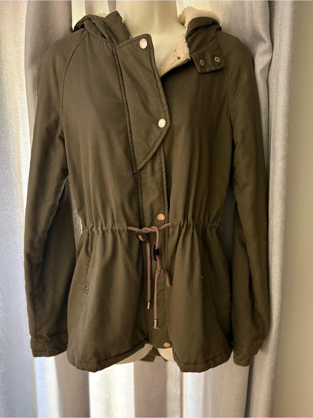 Olive Green Earthy Hooded Utility Jacket with Drawstring Waist M Gorpcore Cargo